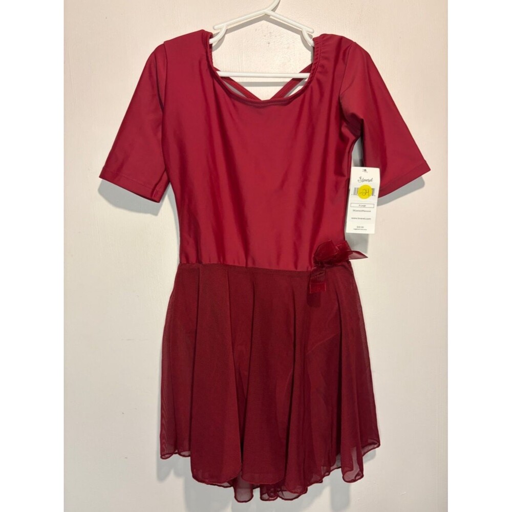 Leveret Girl NWT SK Leotard Maroon 6 Sleeves Criss Cross Back Sheer Skirt XL